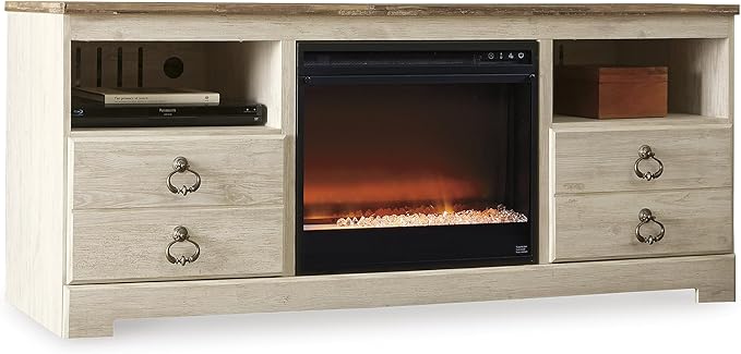 Signature Design by Ashley Willowton Cottage 64" TV Stand with Electric Fireplace for TVs up to 72", Whitewash