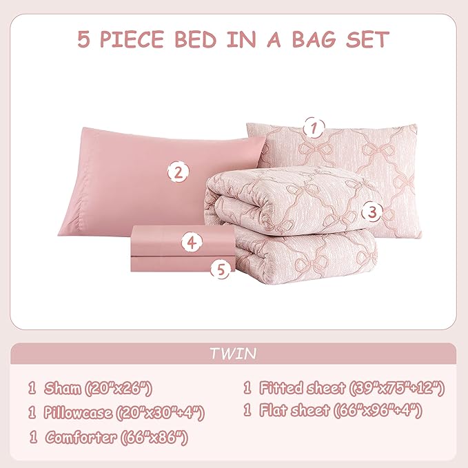 Twin Comforter Set with Sheets for Girls-5 Pieces Twin Bedding Sets with Pink Comforter, Sheets, Pillowcase & Sham for Kids (Pink Diamond, 66" X 86")