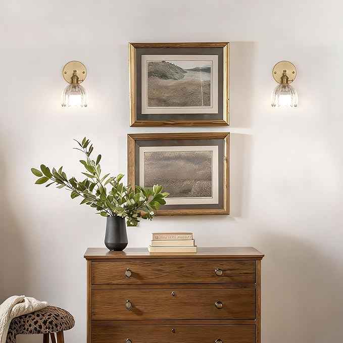 Vintage Battery Operated Wall Sconce with Transparent Tulip Glass Lampshade Rechargeable Battery Powered Wall Light with Remote Control for Bedside Bedroom Doorway, Set of 2