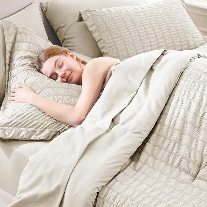 CozyLux Full Size Comforter Sets with Sheets Seersucker 7 Pieces Oatmeal Bed in a Bag Textured Luxury Soft Bedding Set with Down Alternative Comforter, Sheets, Pillowcases & Shams for All Seasons