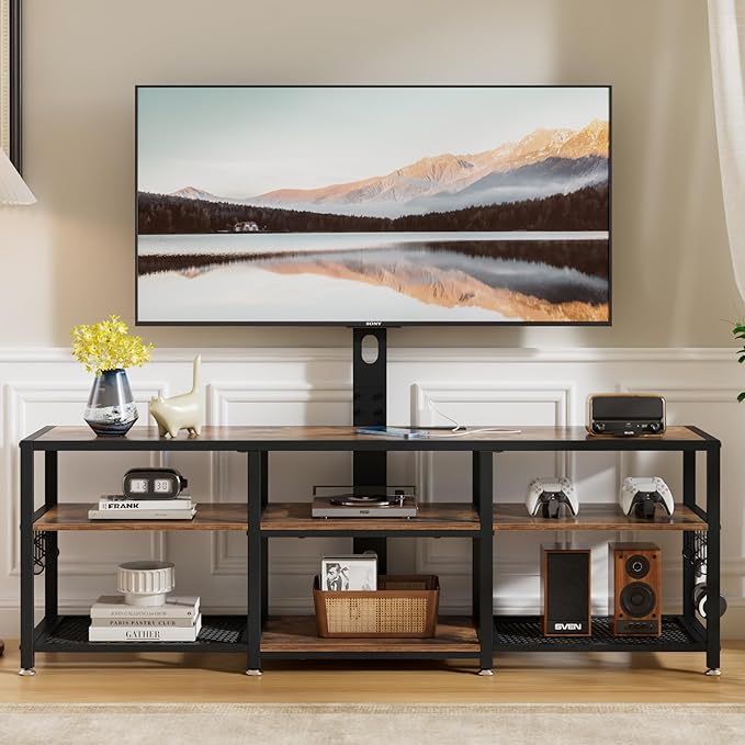 VECELO TV Stand with Mount and Power Outlets, Entertainment Center for 55/60/65/70/75 inch TVs, Height Adjustable Media Console with Storage Shelves, for Living Room, Bedroom, Rustic Brown
