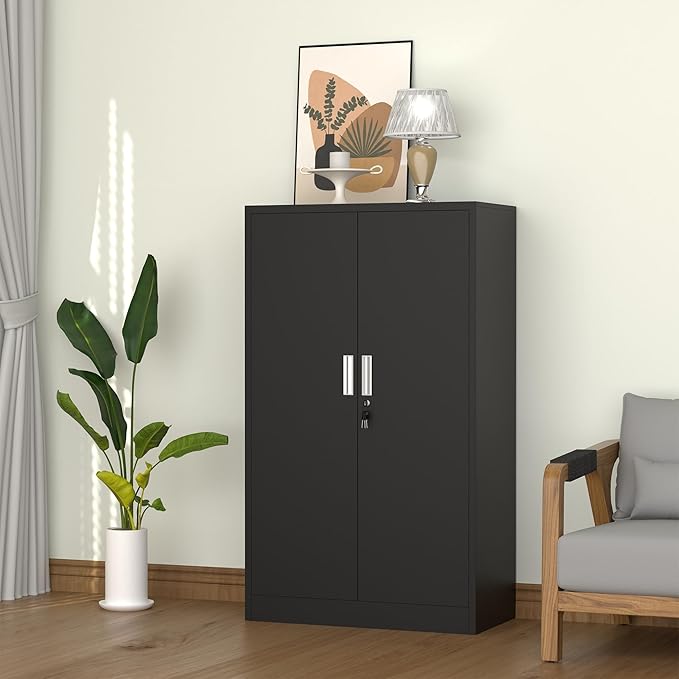 Metal Storage Cabinet with Locking Doors and Adjustable Shelves, 53.5-Inch Tall Lockable Storage Cabinets for Home Office Garage Kitchen Pantry (Black)