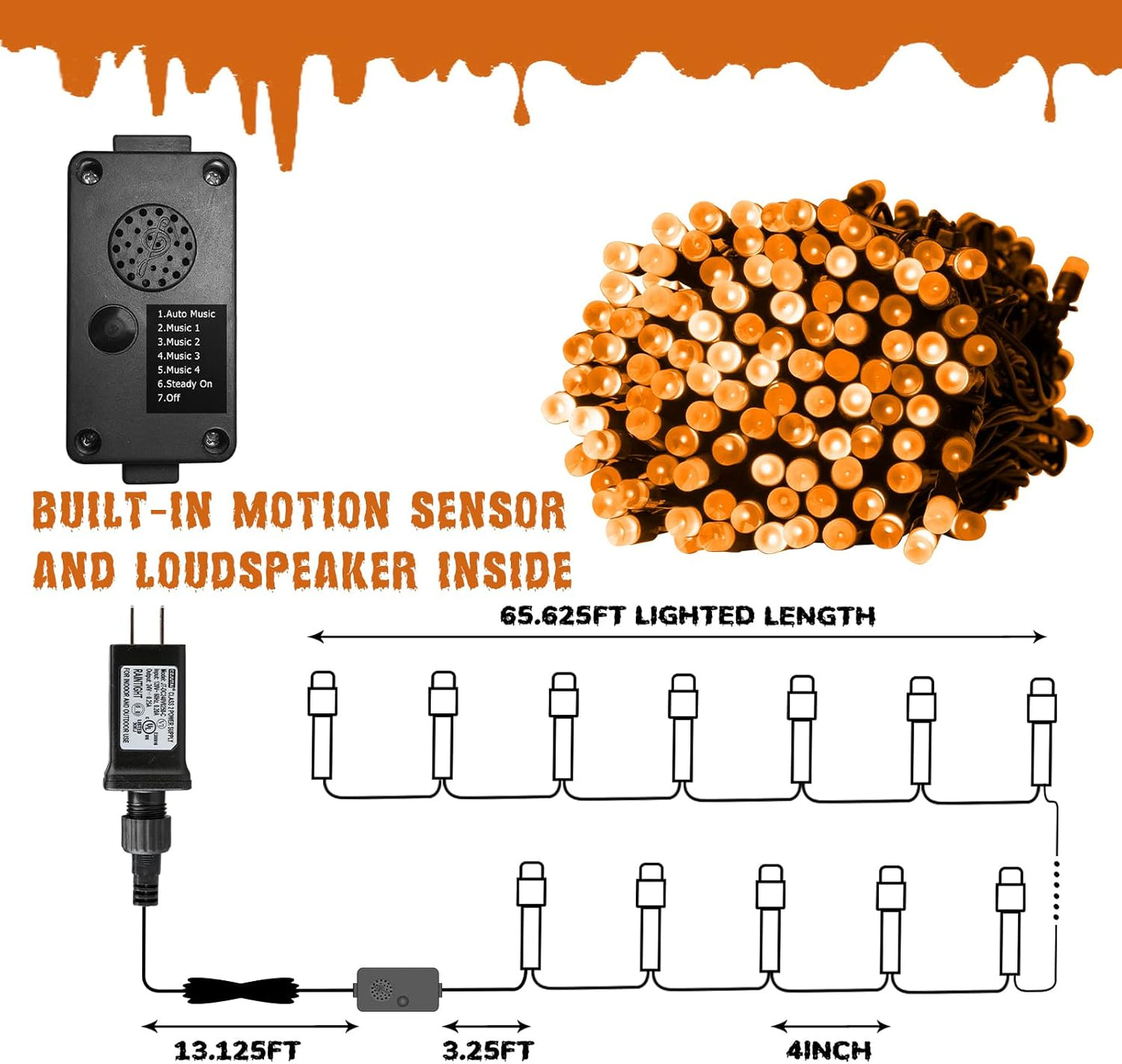 PEIDUO Halloween Lights, 82 FT 200 LED Orange String Lights, Motion Sensor Halloween Decorations, Twinkle Fairy Lights with Spooky Music for Outdoor Decor, Party Yard Indoor Outside Decoration