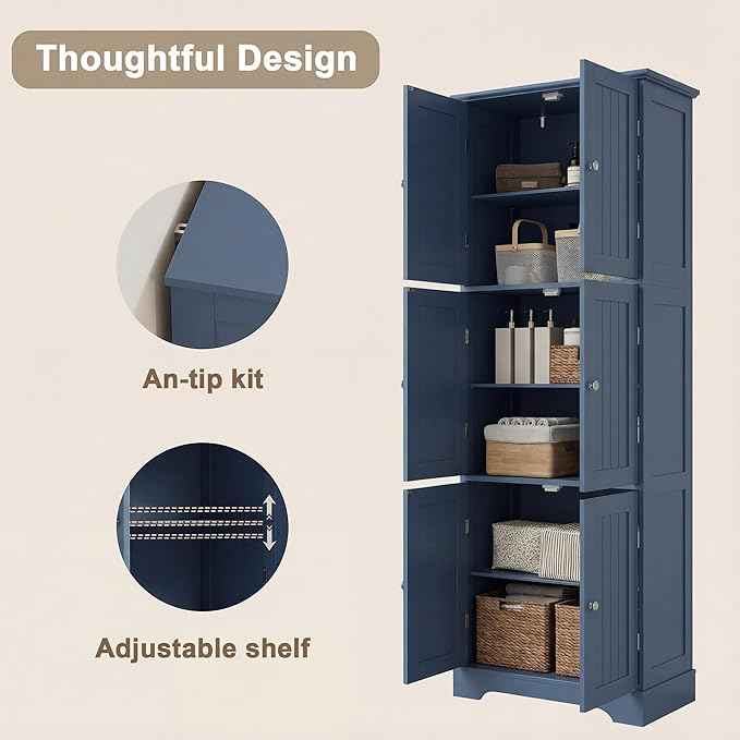 ChooChoo Tall Bathroom Storage Cabinet with 6 Doors, Freestanding Floor Cabinet with Adjustable Shelves, Blue Pantry Cabinet for Bathroom, Kitchen, Laundry Room