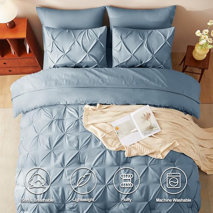 CozyLux King Size Comforter Set Mineral Blue, 7 Pieces Pintuck Bed in A Bag Blue Comforter King Size, Pinch Pleat Bedding Set with All Season Comforter, Flat Sheet, Fitted Sheet, Pillowcases & Shams