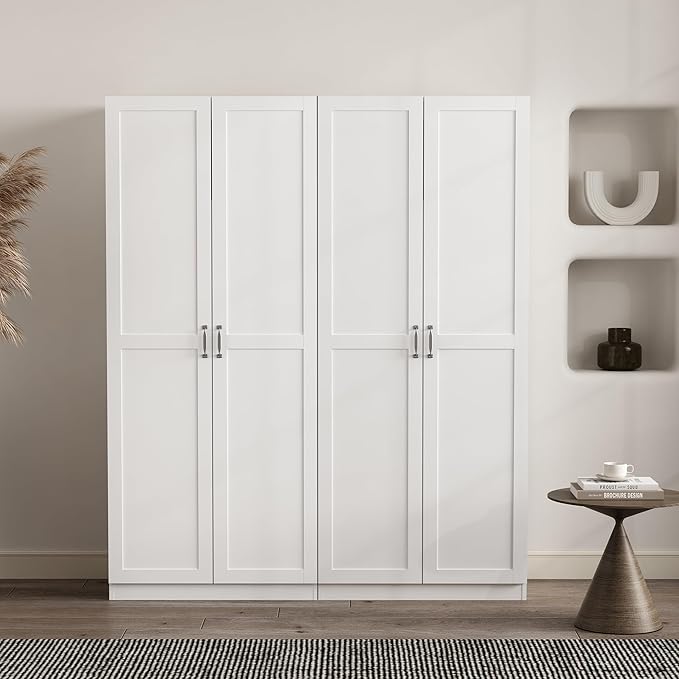 Manhattan Comfort Cornelia Modern Tall Storage Cabinet with Doors and Adjustable Shelves 1.0 - Freestanding Pantry Organizer for Kitchen, Laundry Room, Garage, or Mudroom, Set of 2, White