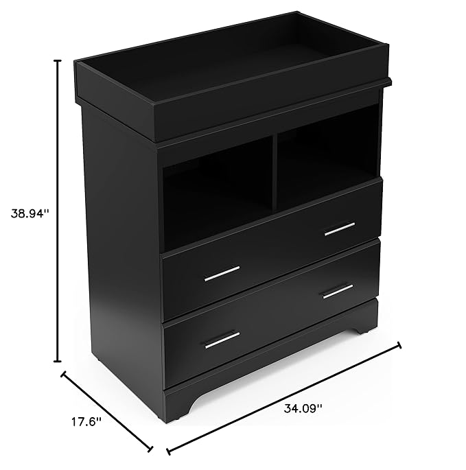 Storkcraft Brookside 2 Drawer Changing Table Dresser (Black) – GREENGUARD Gold Certified Baby Dresser with Changing Table Top, Baby Changing Table Dresser, Includes Interlocking Drawer System