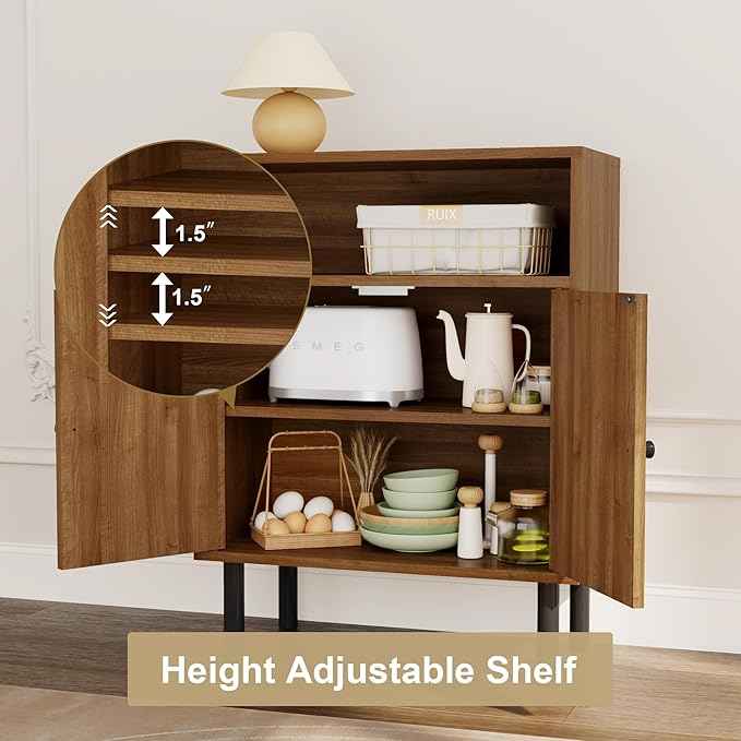 Rattan Storage Cabinet, Boho Accent Cabinet with Double Doors, Small Freestanding Sideboard for Hallway, Laundry Room,Kitchen, Dining Room, Entryway (Walnut)