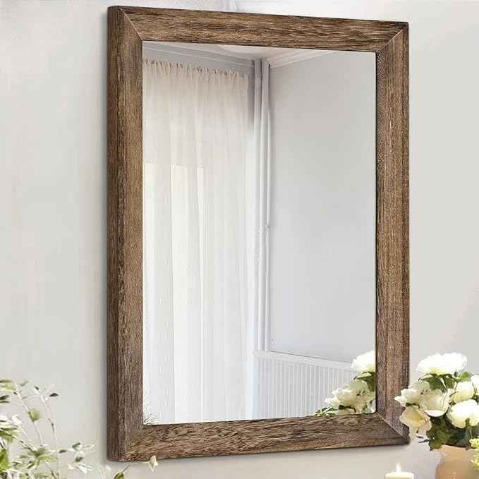 AAZZKANG Rustic Wood Mirror Rectangle Decorative Wall Mirrors with Frame for Bedroom Living Room Bathroom Entryway Hanging Small Brown