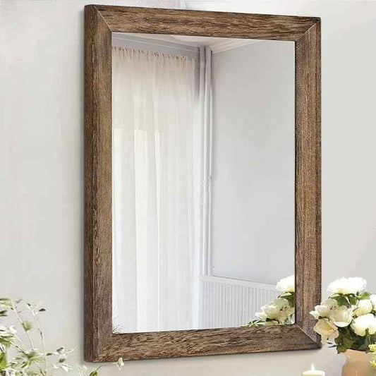 AAZZKANG Rustic Wood Mirror Rectangle Decorative Wall Mirrors with Frame Large 20"x16"for Bedroom Living Room Bathroom Entryway Hanging Brown