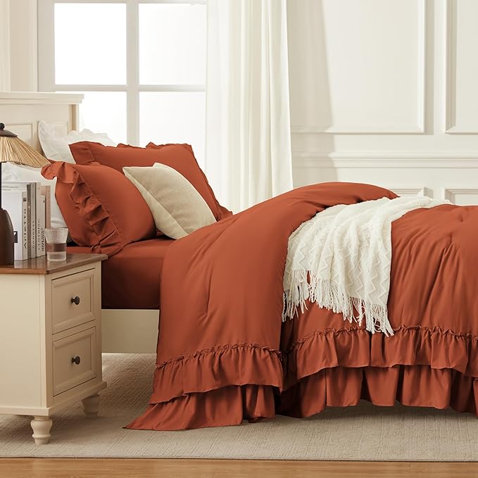 Andency Terracotta Queen Comforter Set (90x90Inch), 3 Pieces Lightweight Fluffy Ruffle Bedding Sets for Queen Bed, Farmhouse Shabby Chic Soft All Season Bed Set, Burnt Orange