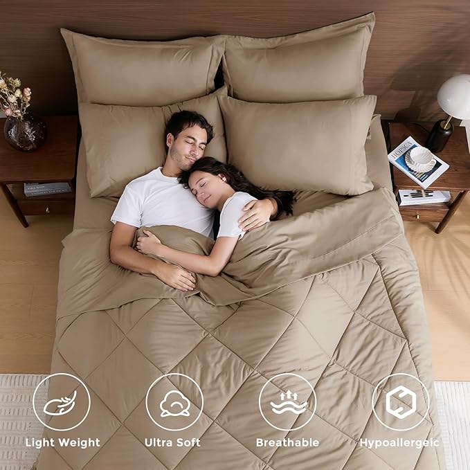 HEVUMYI Khaki King Comforter Set - 7-Piece All Season Bed in a Bag King, Ultra Soft Bedding Set with Comforter, Flat Sheet, Fitted Sheet, Pillowcases, Pillow Shams