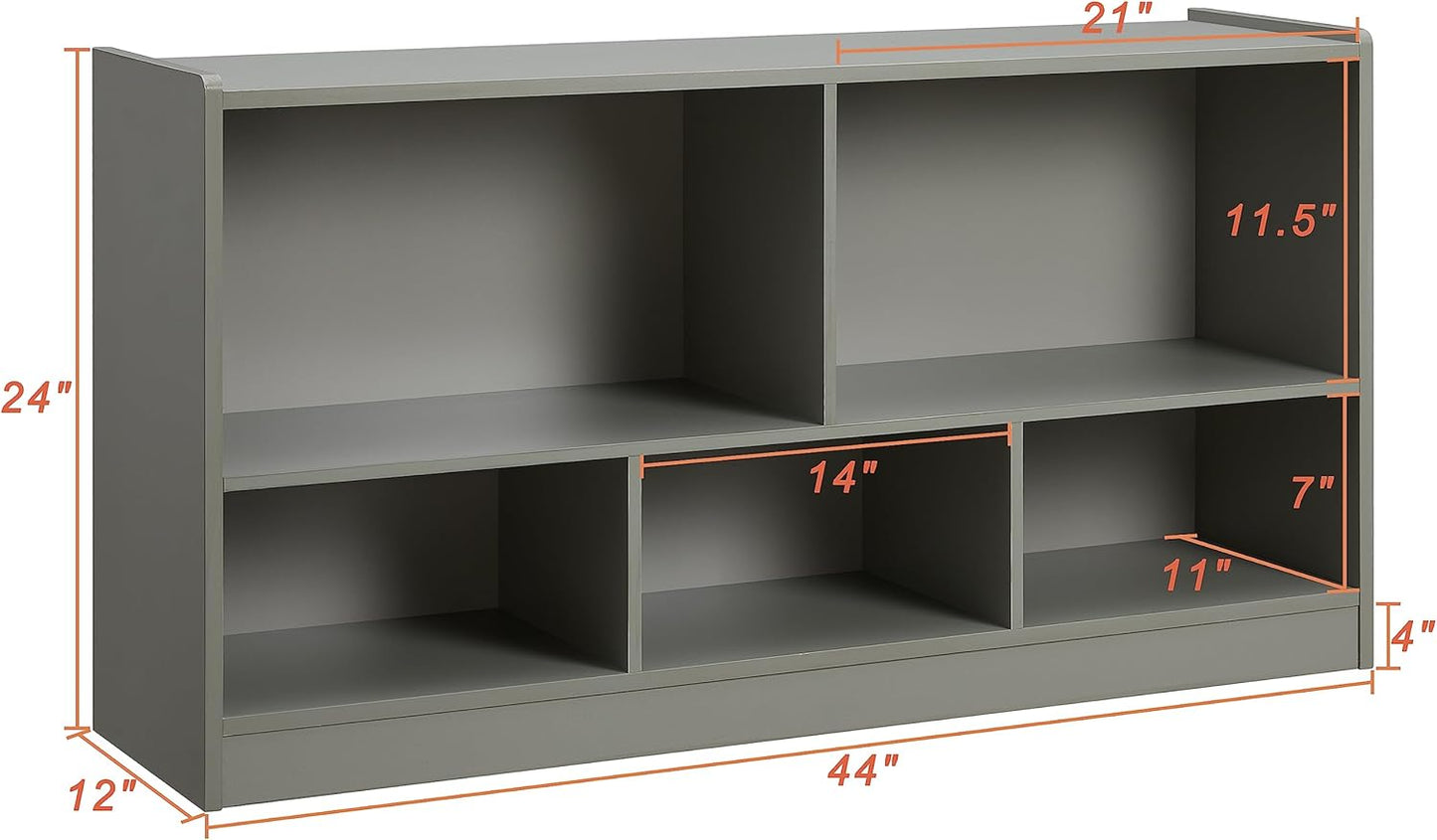 Toy Organizers and Storage, 5-Section Kids Bookshelf for Organizing Books Toys, School Classroom Wooden Storage Cabinet for Children's Room, Playroom, Nursery (Grey)