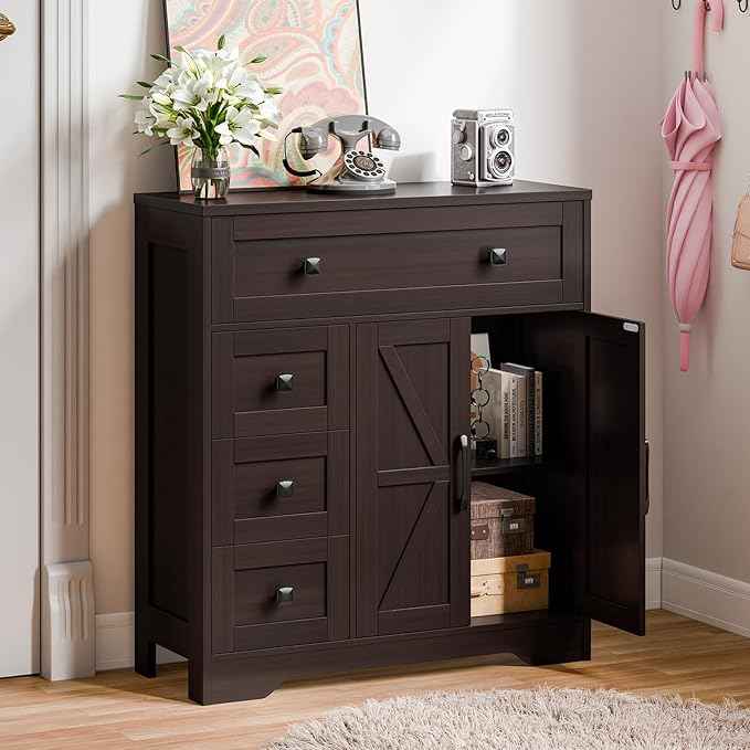 Vabches Farmhouse Storage Cabinet with 2 Doors and 4 Drawers, Freestanding Bathroom Storage Cabinet Kitchen Pantry, Floor Cupboard for Living Room/Bathroom/Kitchen,Espresso