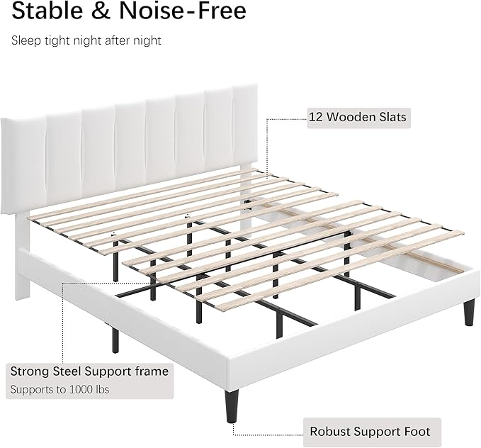 VECELO King Size Bed Frame with Upholstered Headboard, Heavy-Duty Bedframe with Strong Wooden Slats Support, No Boxing Spring Needed, Pure White