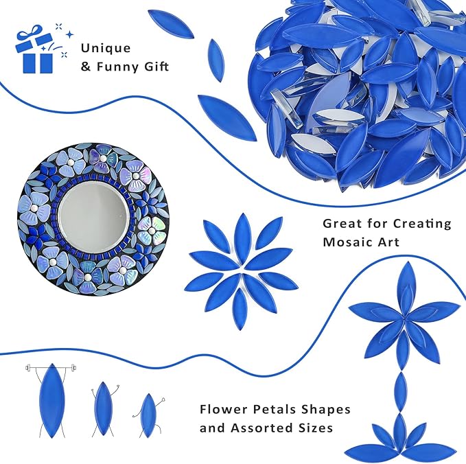 Youway Style Leaf Mosaic Tiles for Crafts Bulk,Blue Petal Mosaic Glass Pieces,200g Flower Glass Tiles for DIY Garden Mosaic Making Supplies