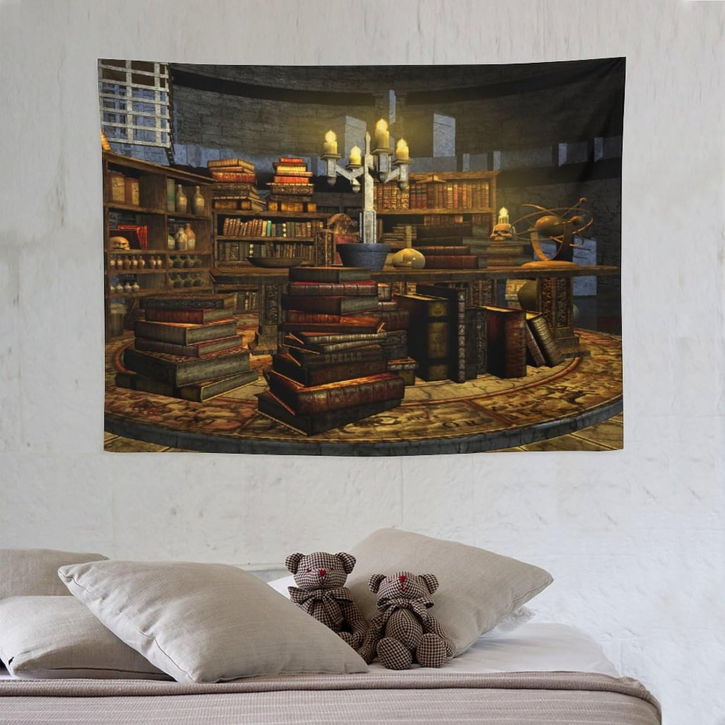 Kurtect Library Tapestry,Vintage Medieval Bookshelf Wooden Bookcase Antique Magic Art Tapestries for Party Beach Picnic Blankets Tablecloths Living Room Wall Deocr, 30x40 in