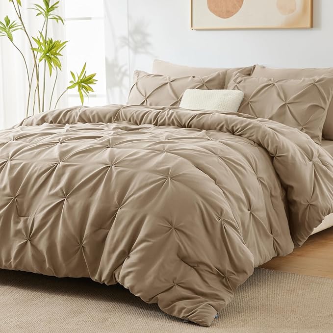 CozyLux Queen Comforter Set Taupe, 7 Pieces Pintuck Bed in A Bag, Premium Taupe Comforter Queen Size, Pinch Pleat Bedding Sets with Comforter, Sheets, Pillowcases & Shams