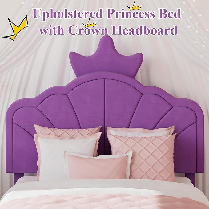 VECELO Twin Size Bed Frame with Crown Headboard, Upholstered Platform Bedframe with Strong Wood Slat Supports, No Box Spring Needed, Purple