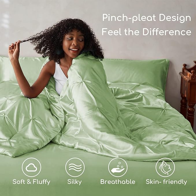 MR&HM Satin Comforter Queen 7 Pieces - Luxurious Pinch Pleat Bedding Set with Comforter, Flat Sheet, Fitted Sheet, Pillowcases & Shams, Super Silky Soft Bed Set for All Season (Queen, Light Sage)