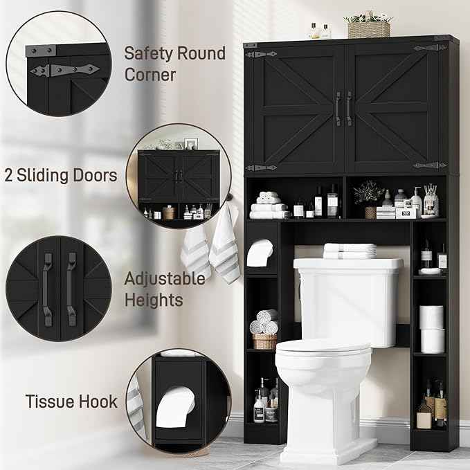 Vabches Over The Toilet Storage Cabinet, Farmhouse Storage Cabinet Over Toilet with 2 Barn Doors ，Toilet Paper Holder Stand，Home Space-Saving Toilet Rack, for Laundry, Restroom, Bathroom.Black.