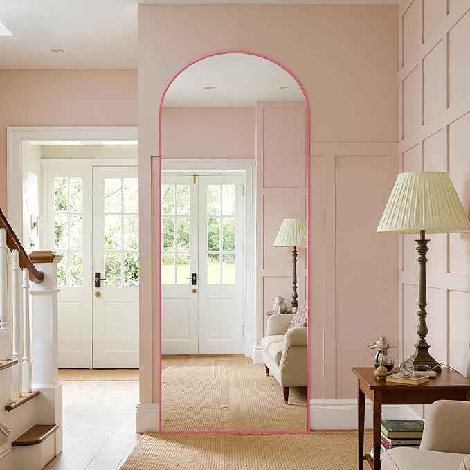 Anpark 28"x71"Arched Full Length Mirror, Full Body Mirror with Stand, Aluminum Frame for Bedroom & Hanging Leaning Modern Simple Home Decor Shatter-proorf Nano Glass Wall Living Room Cloakroom, Pink
