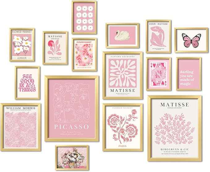 16 PCS Framed Pink Wall Art Decor, Matisse Wall Prints for Bedroom, Gallery Wall Frame Set, Minimalist Posters for Living Room Aesthetic, Collage Kit, Teen Girls Dorm Home Artwork