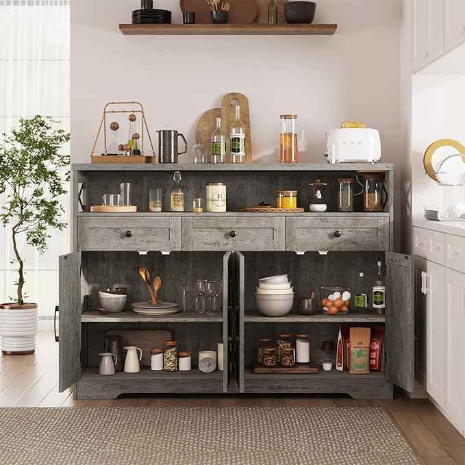 Farmhouse Buffet Cabinet with Drawers & Barn Doors, Sideboard with Storage, Kitchen Pantry Cabinet Hutch, Coffee Bar Station for Kitchen, Livingroom, 52" L, Washed Grey