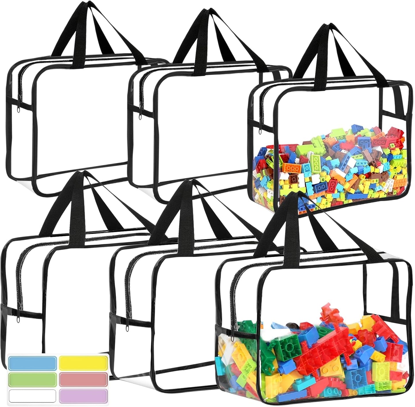 6 Packs Large Toy Storage Bags with Labels, Reusable Clear PVC Board Game Storage, Travel Waterproof Organizer Bags with Zipper for Building Blocks, Puzzle, Kids Books(3 large & 3 Extra Large)