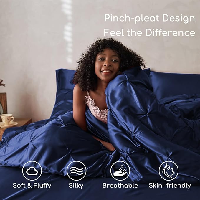 MR&HM Satin Comforter California King 7 Pieces Navy Blue - Luxurious Pinch Pleat Bedding Set with Comforter, Flat Sheet, Fitted Sheet, Pillowcases & Shams, Super Silky Soft Bed Set for All Season