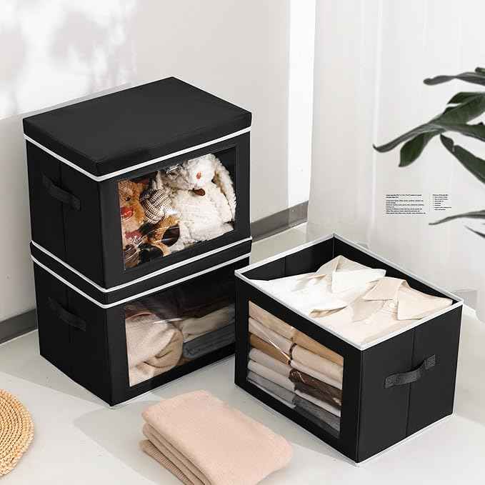 Large Storage Bins with Lids - Fabric Storage Cubes with Window, Collapsible Bins for Clothes, 15.7 Inch Large Baskets for Bedroom, Dorm, Office, Black, 6 Pack