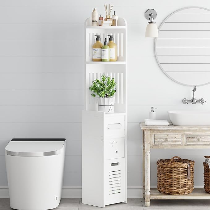 VECELO Bathroom Cabinet Corner Shelf, with Cabinet for Bathroom Narrow Space,Small Storage Organizer with Toilet Paper Roll in Restroom Waterproof Lightweight,White