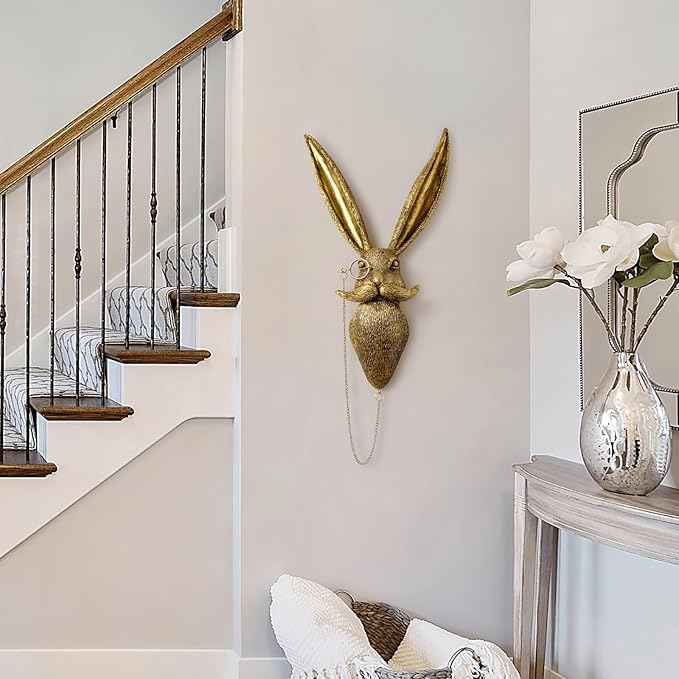 montresor Animal Head Wall Art Sculptures PU Foam Material (NOT RESIN) 16 inchs Gold Rabbit Wall Decor Art for Whimsigoth Home Wall Decor Lightweight Accent Wall Hanging Room Decor