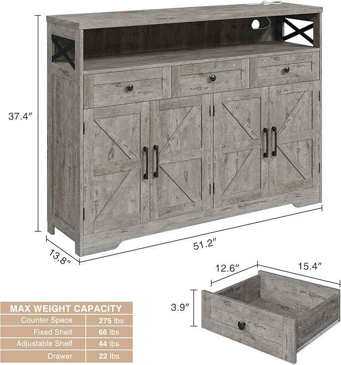 Farmhouse Buffet Cabinet with Drawers & Barn Doors, Sideboard with Storage, Kitchen Pantry Cabinet Hutch, Coffee Bar Station for Kitchen, Livingroom, 52" L, Washed Grey
