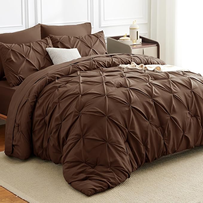 CozyLux Queen Comforter Set Brown, 7 Pieces Pintuck Bed in A Bag, Premium Brown Comforter Queen Size, Pinch Pleat Bedding Sets with Comforter, Sheets, Pillowcases & Shams
