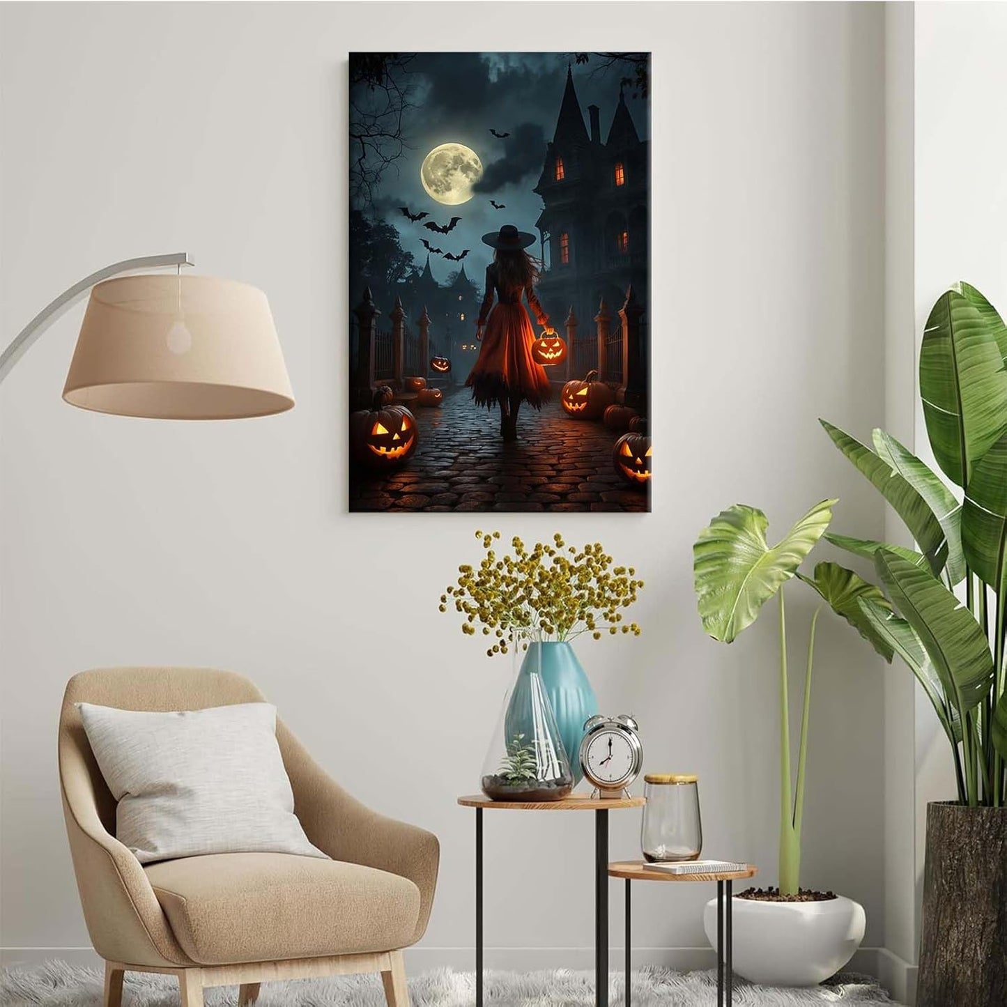 Halloween theme poster moonlit autumn night witch vintage poster art print dark college style gothic painting canvas wall decoration bedroom living room ideal gift12x16in Wood Framed