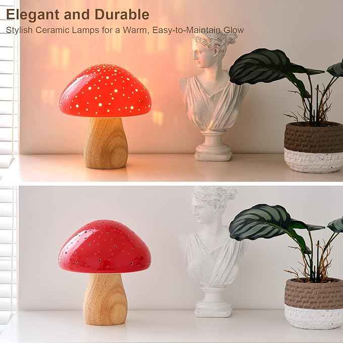 BOHON Mushroom Lamp, Ceramic Bedside Table Lamp for Bedroom Nightstand, Retro Vintage Red Night Light, Small Lamp for Living Room Desk Home Decor Aesthetic, LED Bulb Included, Red
