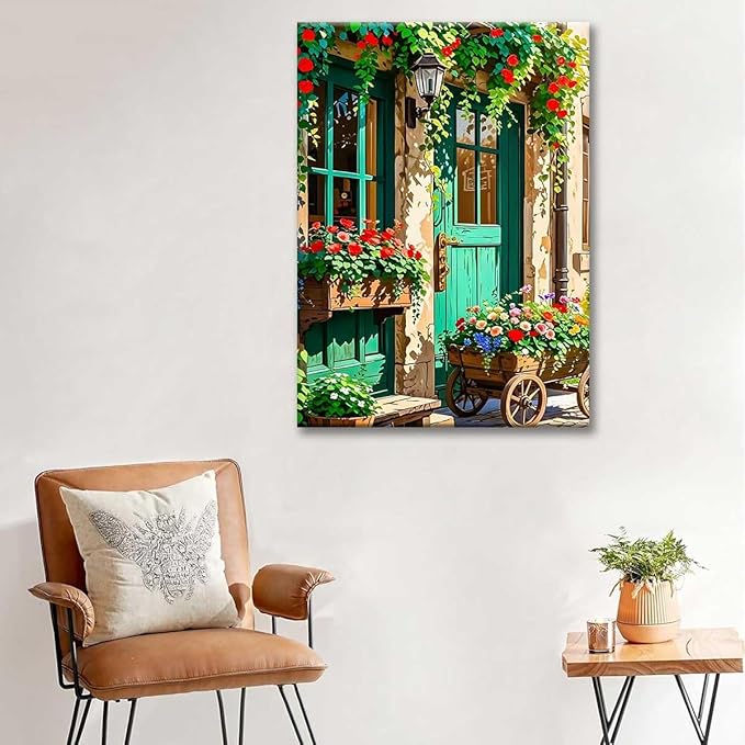 Paint by Numbers Kit for Adults Framed, European Cottage Door with Blooming Roses, DIY Oil Painting, Pre-Printed Canvas Wall Art Home Decor Gift, 16x20inch Framed, 24 Colors
