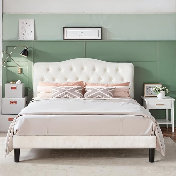 VECELO Queen Size Bed Frame with Upholstered Headboard, Velvet Platform Bedframe Mattress Foundation, Sturdy Wooden Slats Support,No Box Spring Needed Noise Free/Easy Assembly, White