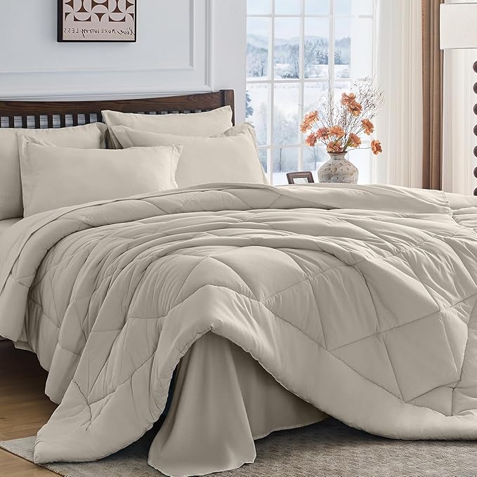 HEVUMYI Linen Queen Comforter Set - 7-Piece All Season Bed in a Bag Queen, Ultra Soft Bedding Set with Comforter, Flat Sheet, Fitted Sheet, Pillowcases, Pillow Shams