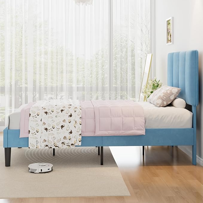 VECELO Twin Size Bed Frame with Upholstered Headboard, Heavy-Duty Bedframe with Wooden Slats & Steel Framework, Easy Assembly, Light Blue