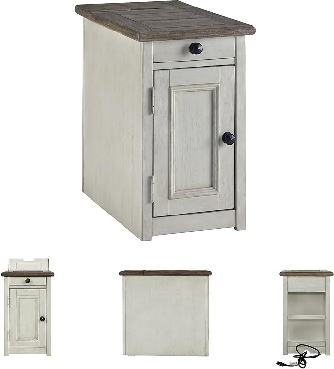Signature Design by Ashley Bolanburg Farmhouse Chair Side End Table, 2 USB Ports, Pull-out Tray, Wood, 14" W x 24.25" D x 23" H, Antique Cream & Brown