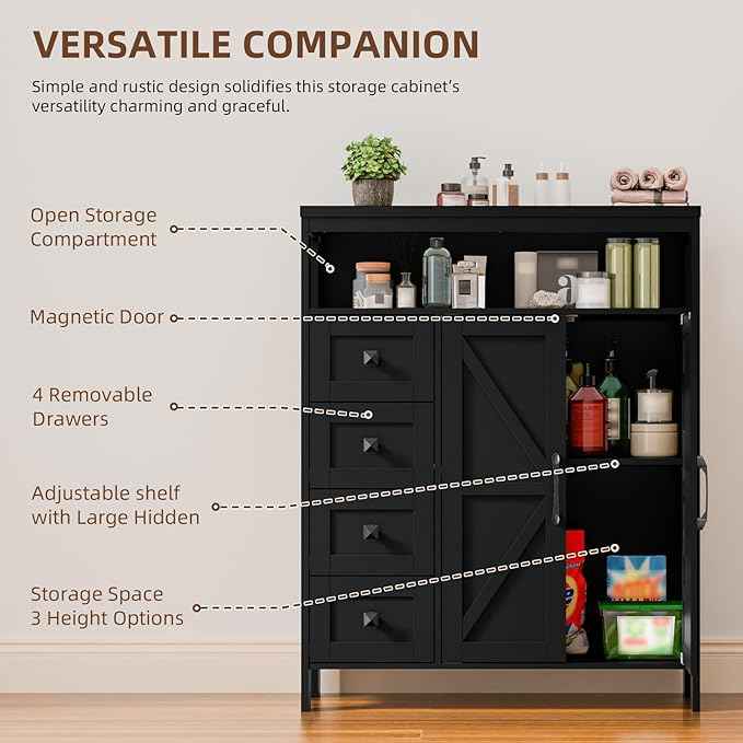 Vabches Farmhouse Storage Cabinet with 2 Doors and 4 Drawers, Freestanding Bathroom Compartment Kitchen Pantry Cabinet, Floor Cupboard for Kitchen/Living Room/Bathroom,Pure Black