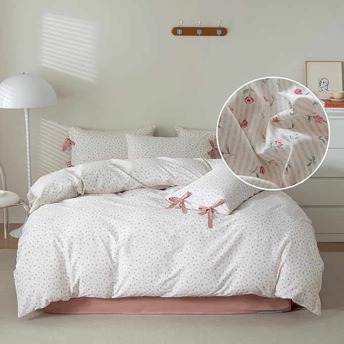 LifeTB King Size Comforter Set Garden Style Pink White Floral Comforter Set Cozy Aesthetic Bedding Cottagecore Comforter Vintage Botanical Flower Comforter with 2 Bow Ties Pillowcases Fluffy Bed Set