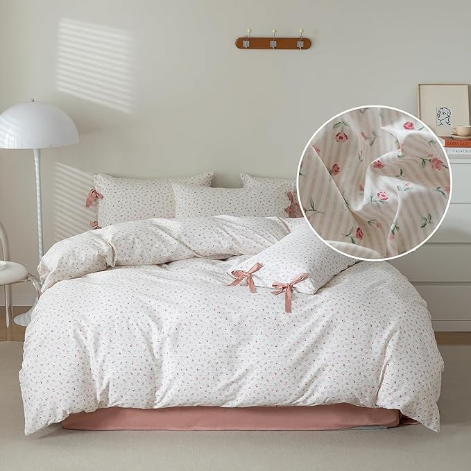 LifeTB Boho Farmhouse Comforter Set Twin XL Botanical Floral Bedding Comforter with 2 Bow Tie Pillowcases Coquette Flowers Comforter Soft Fluffy Cottagecore Floral Stripes Bedding Set for Teen Girls