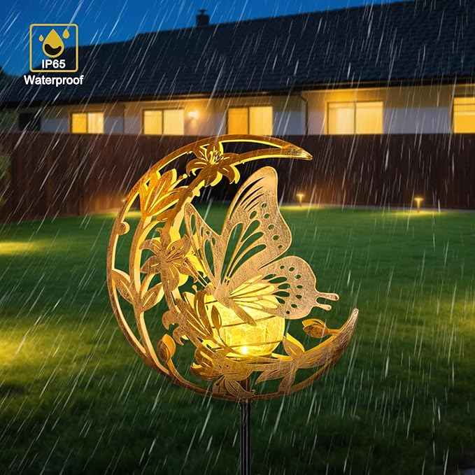 ShangTianFeng Butterfly Lights Outdoor Decor - Moon & Bird SolaGardenLights Waterproof, Auto On/Off Pathway Lighting for Yard/Lawn/Patio, Handcrafted Metal Solar-Stake-Lights for Outside Decorations
