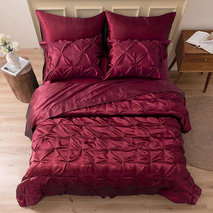 MR&HM Satin Comforter Queen 7 Pieces - Luxurious Pinch Pleat Bedding Set with Comforter, Flat Sheet, Fitted Sheet, Pillowcases & Shams, Super Silky Soft Bed Set for All Season (Queen, Burgundy)
