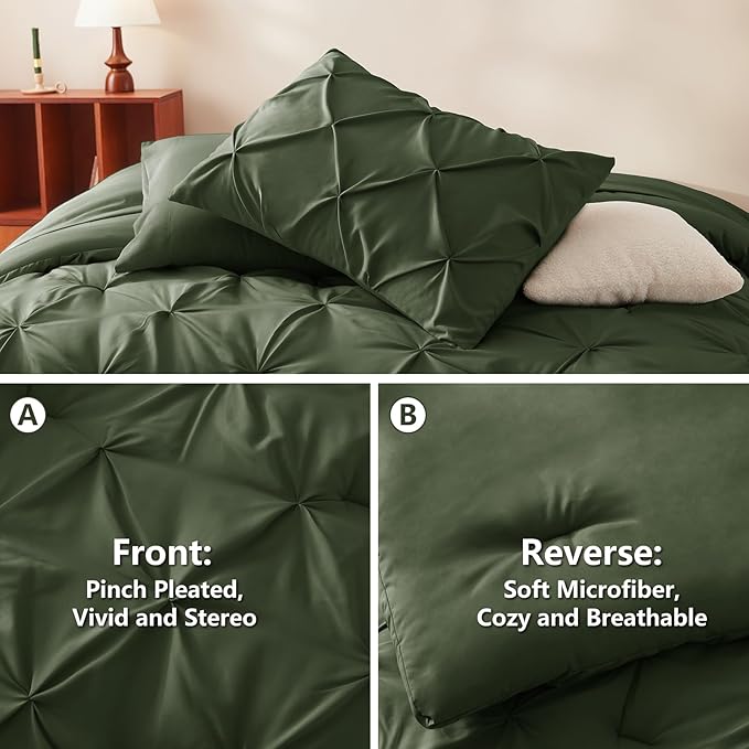 CozyLux King Size Comforter Set Olive Green, 7 Pieces Pintuck Bed in A Bag Green Comforter King Size, Pinch Pleat Bedding Set with All Season Comforter, Sheets, Pillowcases & Shams