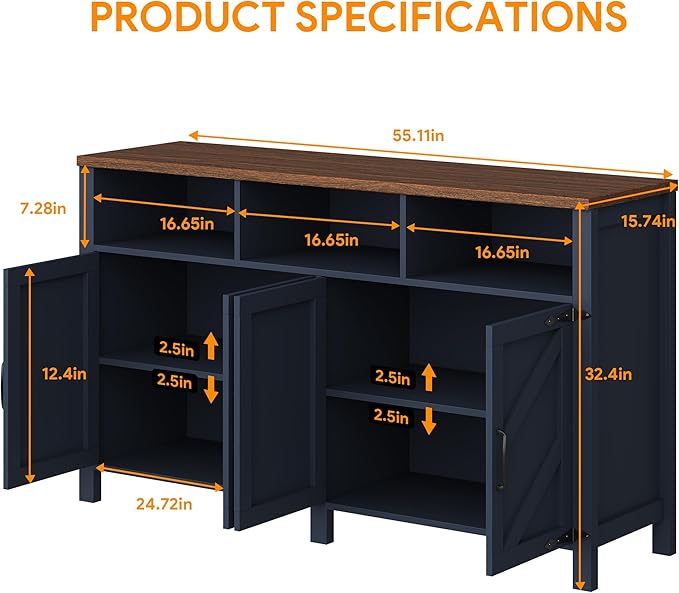 Buffet Sideboard with Storage Farmhouse with 4 Doors, 55'' Large Kitchen Storage Cabinet Wood Coffee Bar Buffet Table for Kitchen, Dining Room (Blue, 55 in)