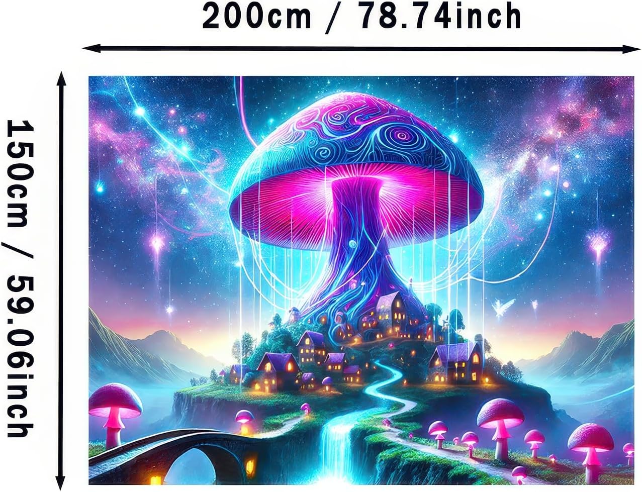 BlissYard Blacklight Tapestry Uv Reactive Tapestry Glow In The Dark Tapestry 78x59 Inches Enchanted Mushroom Village Fluorescent Wall Hanging with Glowing Mushrooms Fantasy Landscape and Cosmic Lights
